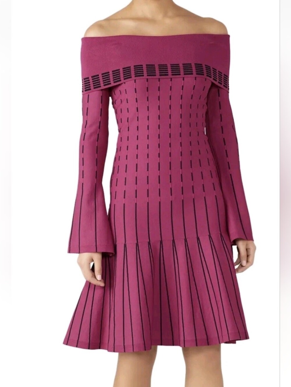 Prabal Gurung Off The Shoulder Stripe Knit Dress Purple Pink Magenta 2 Mod/Retro